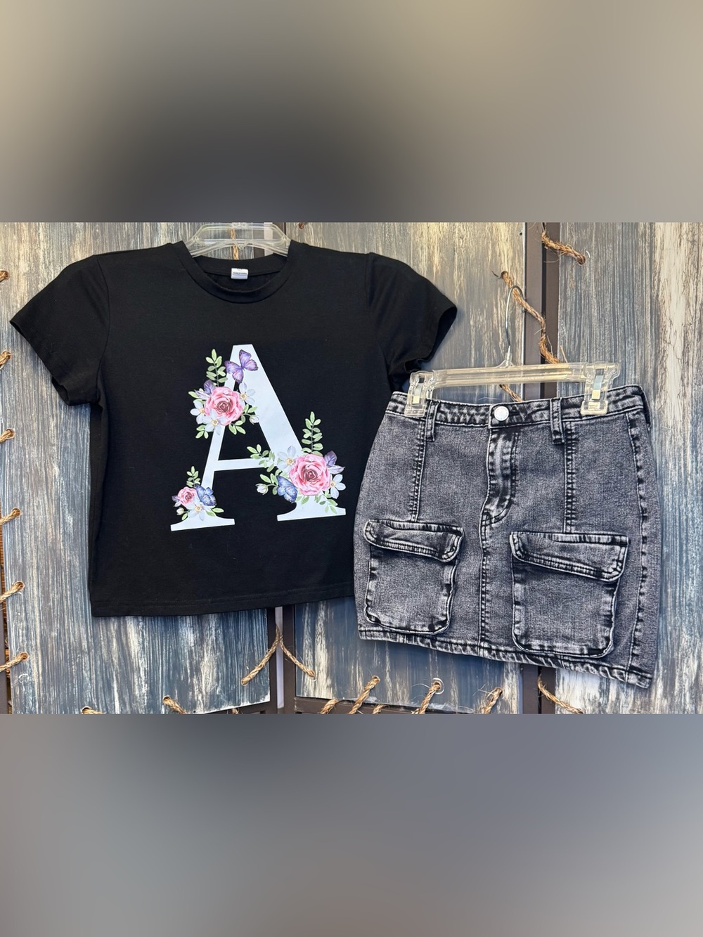 SHEIN Black Kids T‑Shirt “A” with floral accents added to Shein Black Jean Skirt